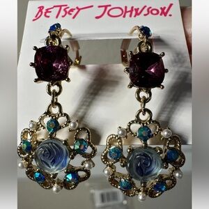 Betsey Johnson Carved Flower Medallion & Crystal Gem Drop Earrings NWT